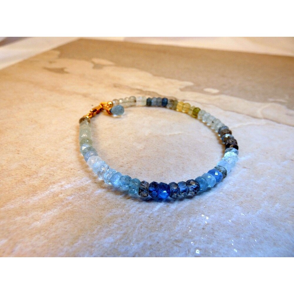 Natural Moss Aquamarine - Gold - Beaded Bracelet March Birthstone
